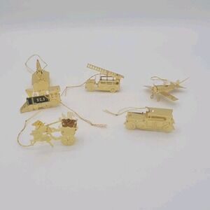 6 Miniature Brass Christmas Ornaments Plane Fire Truck Church Car Carriage Train